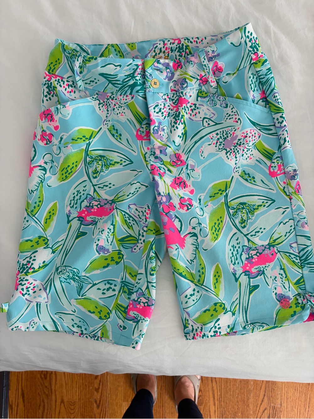 Lilly Pulitzer Light Blue Floral Print Bermuda Shorts with Pink & Green Accents